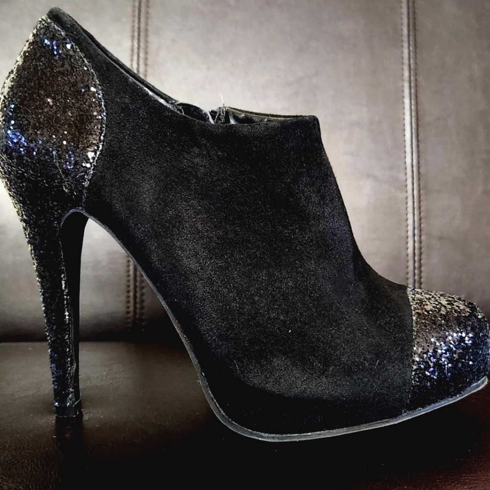 Black and sequin faux suede booties